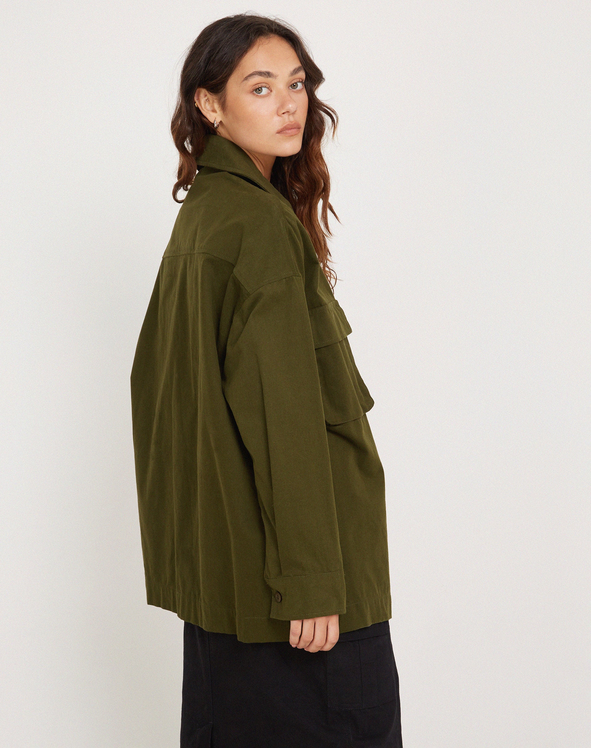 Phlox Oversized Shirt in Dark Olive-Nico Sky