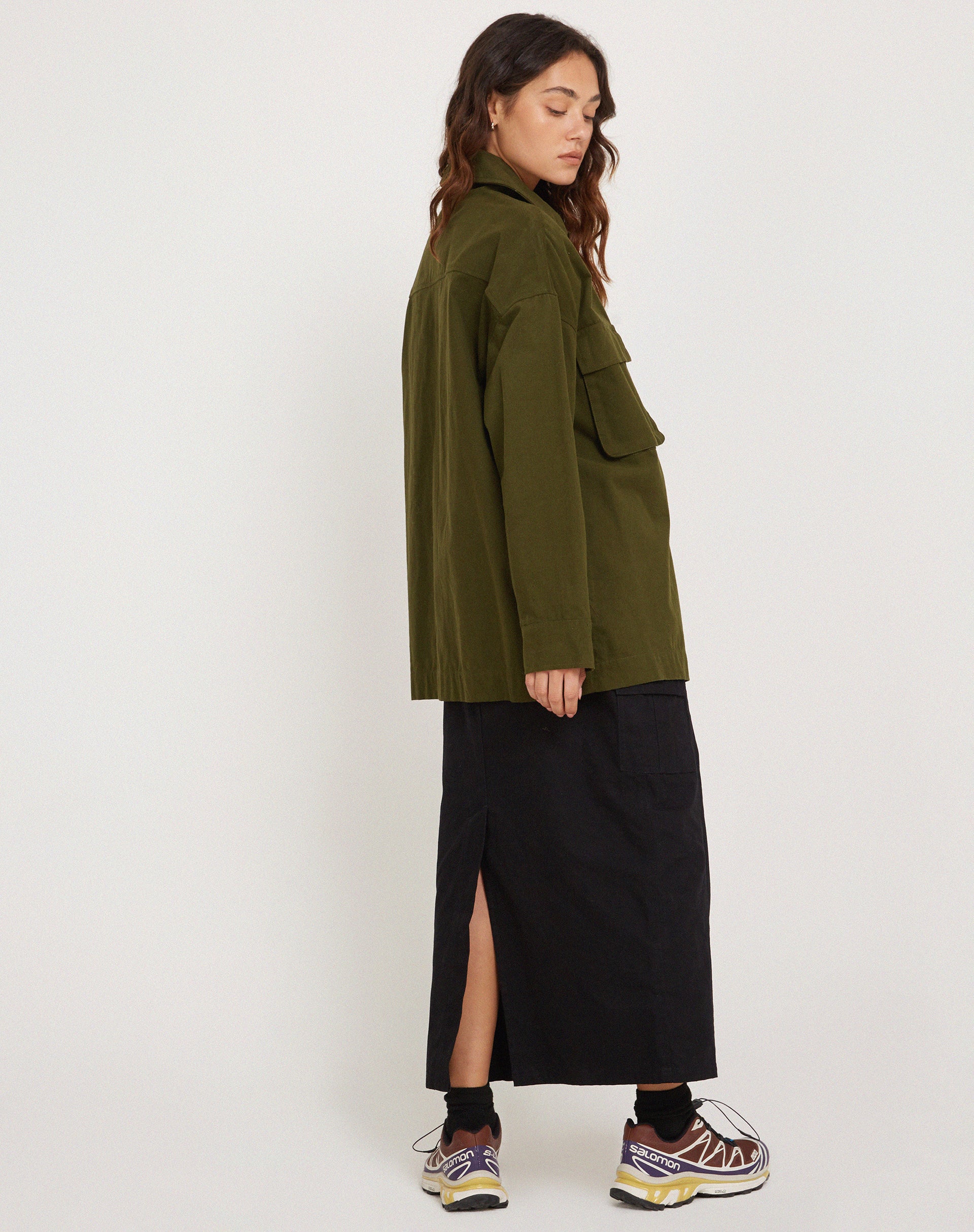 Phlox Oversized Shirt in Dark Olive-Nico Sky