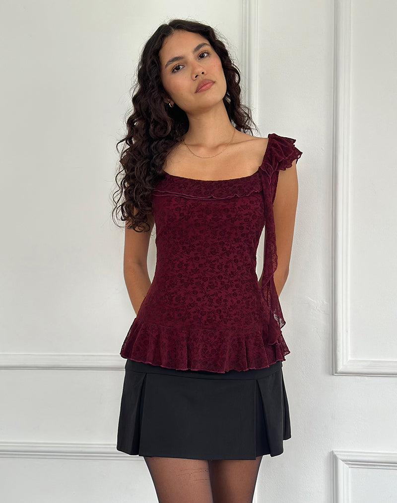 Piroli Top in Ditsy Floral Flock Burnt Maroon-Nico Sky