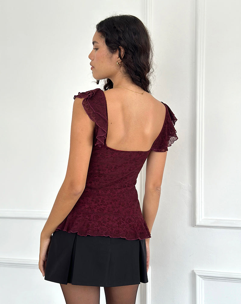Piroli Top in Ditsy Floral Flock Burnt Maroon-Nico Sky