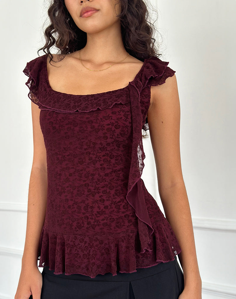 Piroli Top in Ditsy Floral Flock Burnt Maroon-Nico Sky