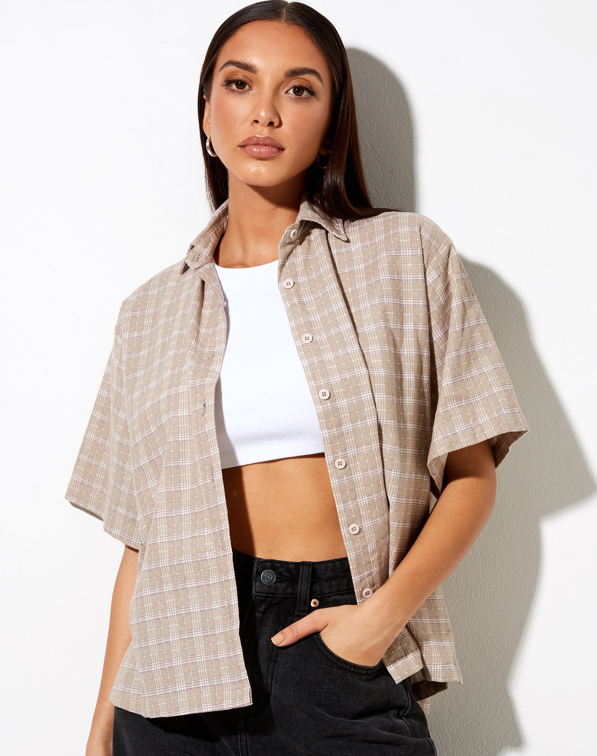 Pride Shirt in Taupe Check-Nico Sky