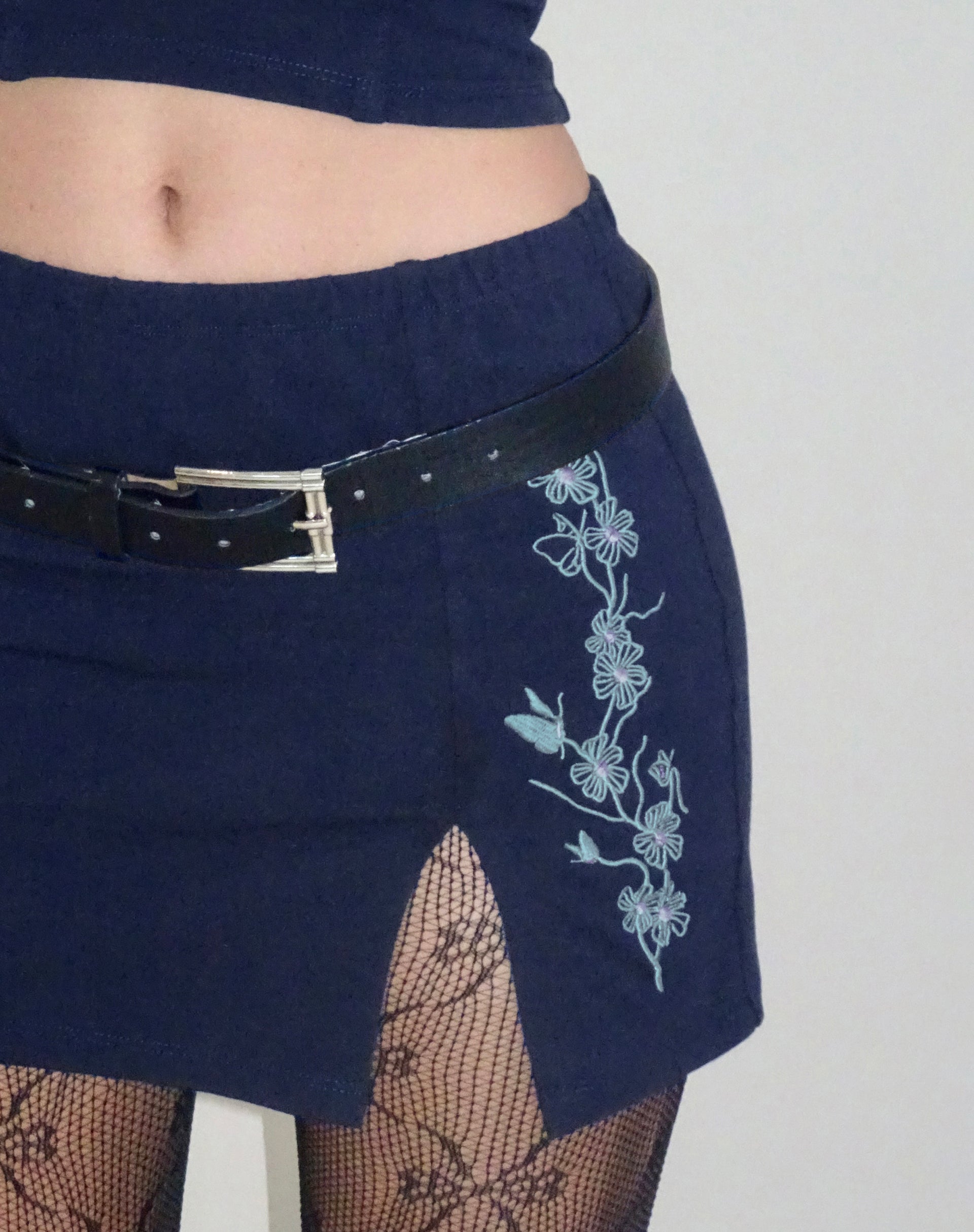 Lael Mini Skirt in Navy Flower Butterfly Emb-Nico Sky