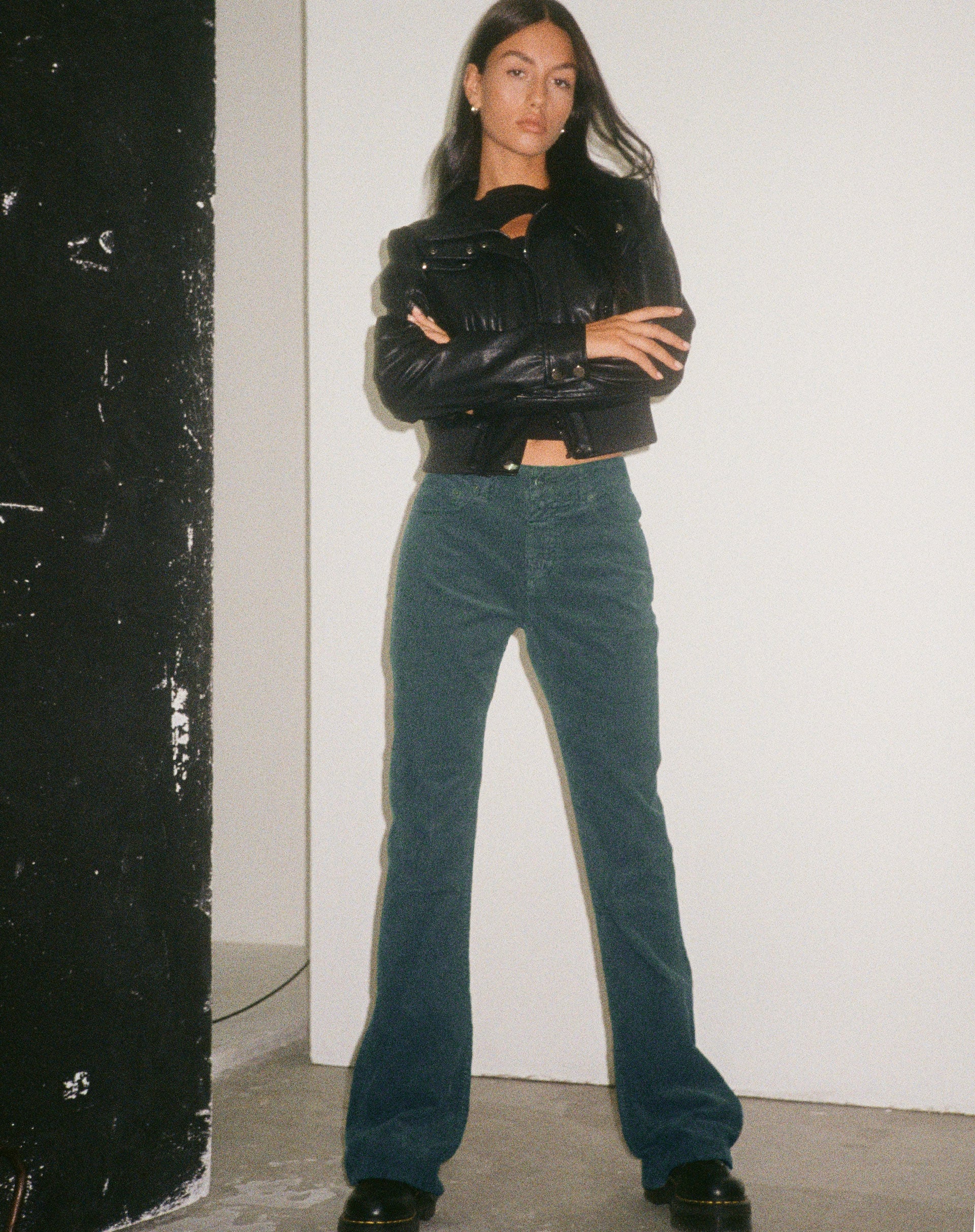 Bootleg Jeans in Cord Forest Green-Nico Sky