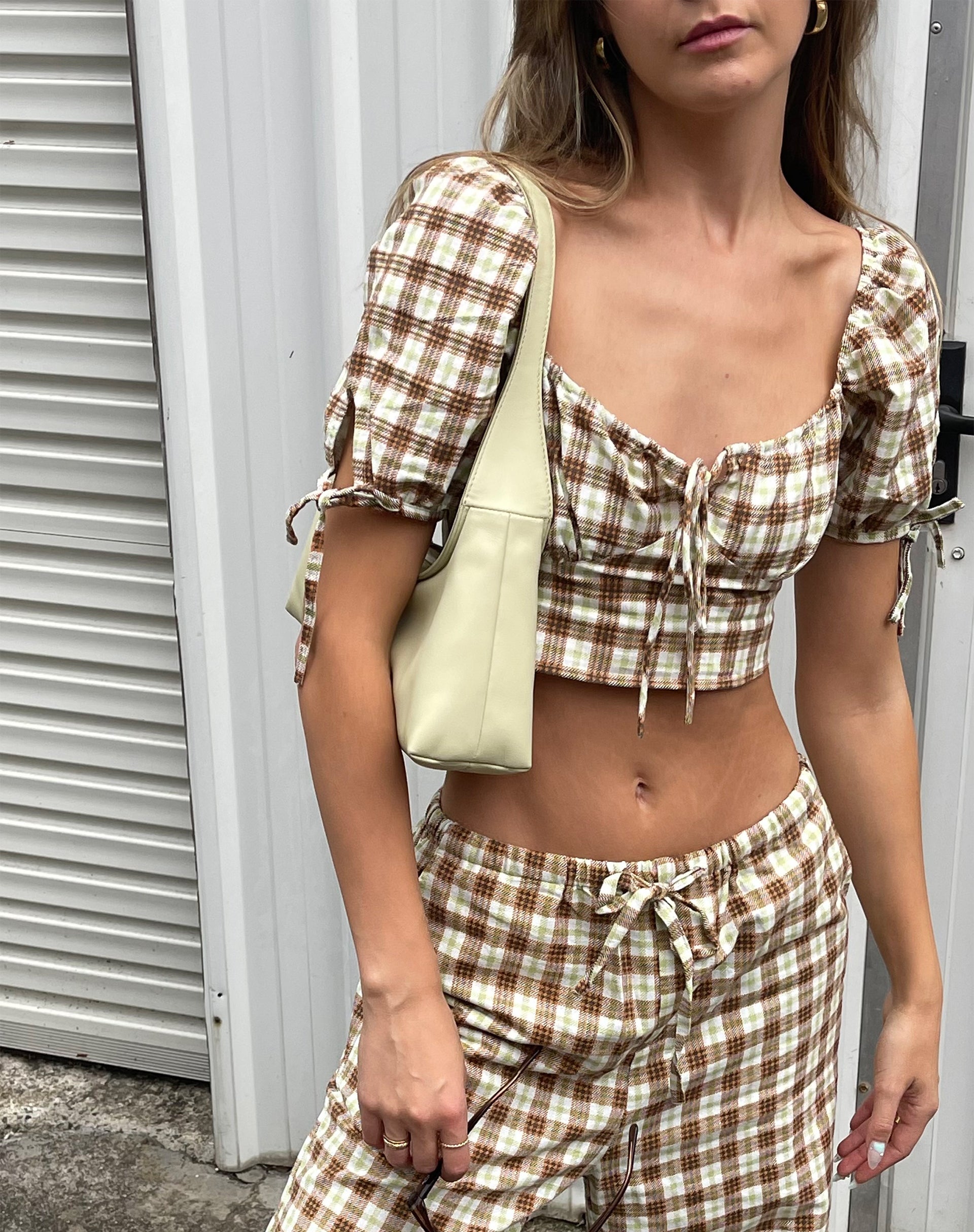 Auri Crop Top in Yellow Brown Check-Nico Sky