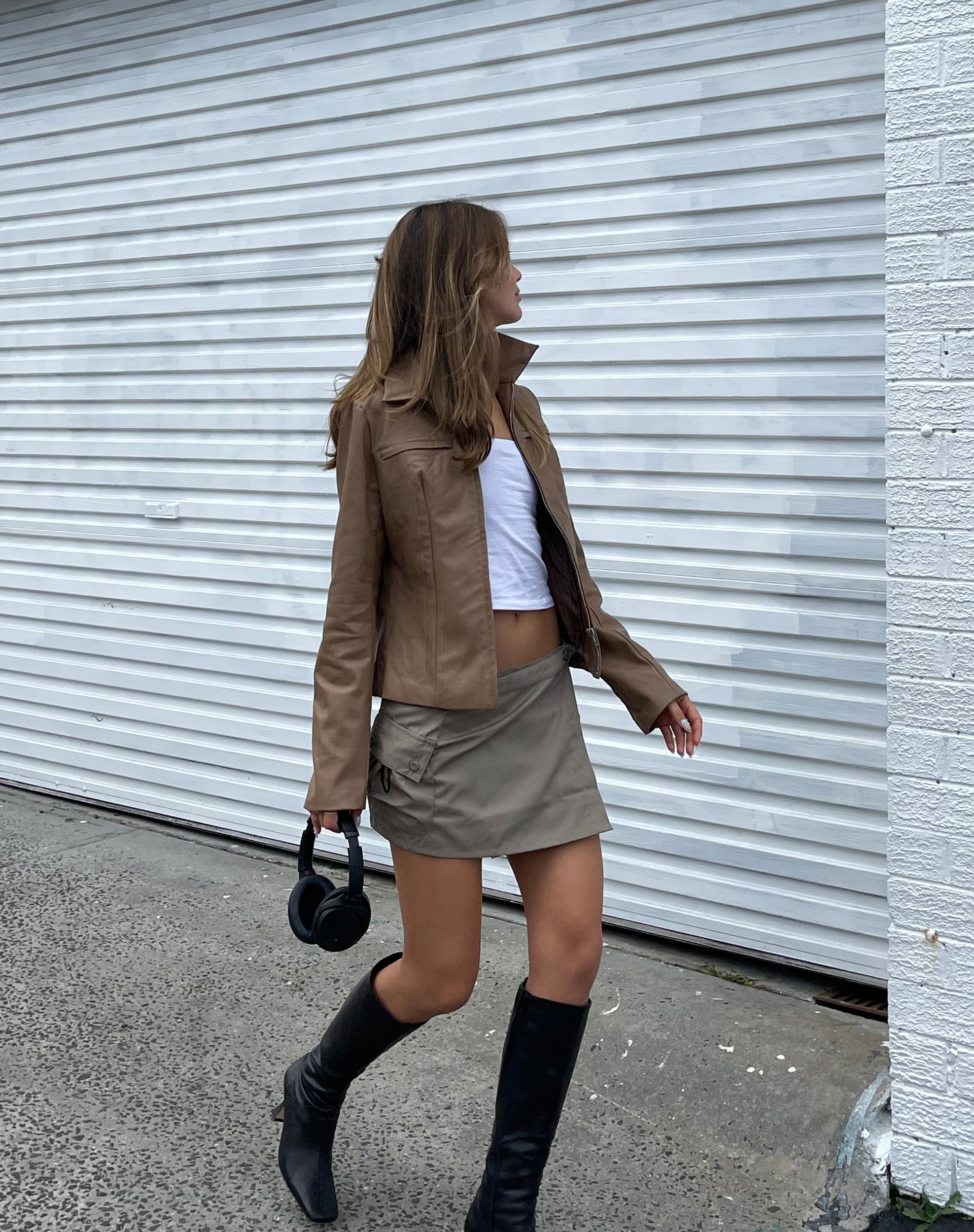 Zephyr Mini Cargo Skirt in Cotton Drill Taupe-Nico Sky