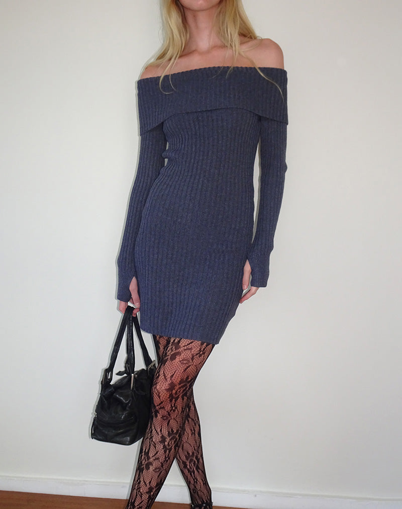 Queeva Knitted Bardot Mini Dress in Dark Charcoal-Nico Sky