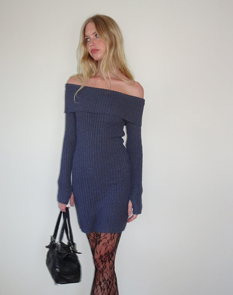 Queeva Knitted Bardot Mini Dress in Dark Charcoal-Nico Sky
