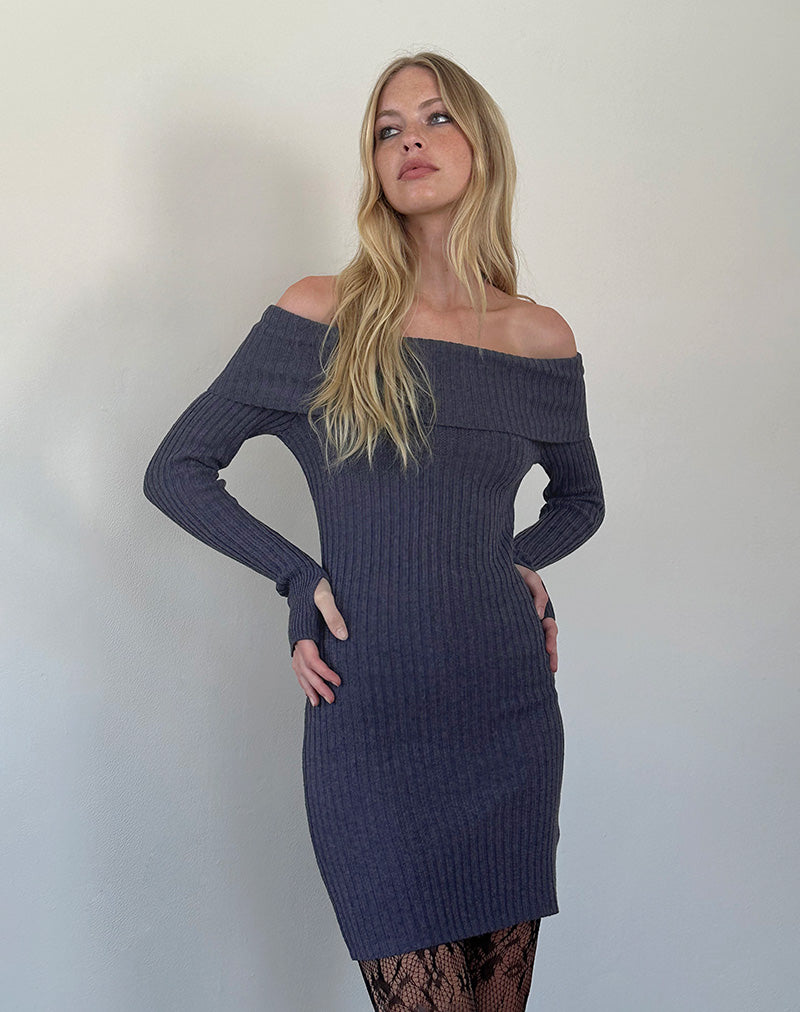 Queeva Knitted Bardot Mini Dress in Dark Charcoal-Nico Sky