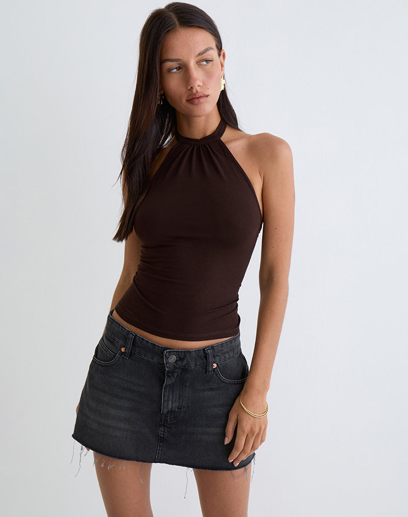 Raceline Halterneck Top in Rayon Jersey Chocolate Brown-Nico Sky