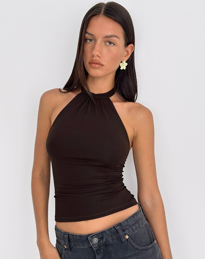 Raceline Halterneck Top in Rayon Jersey Chocolate Brown-Nico Sky