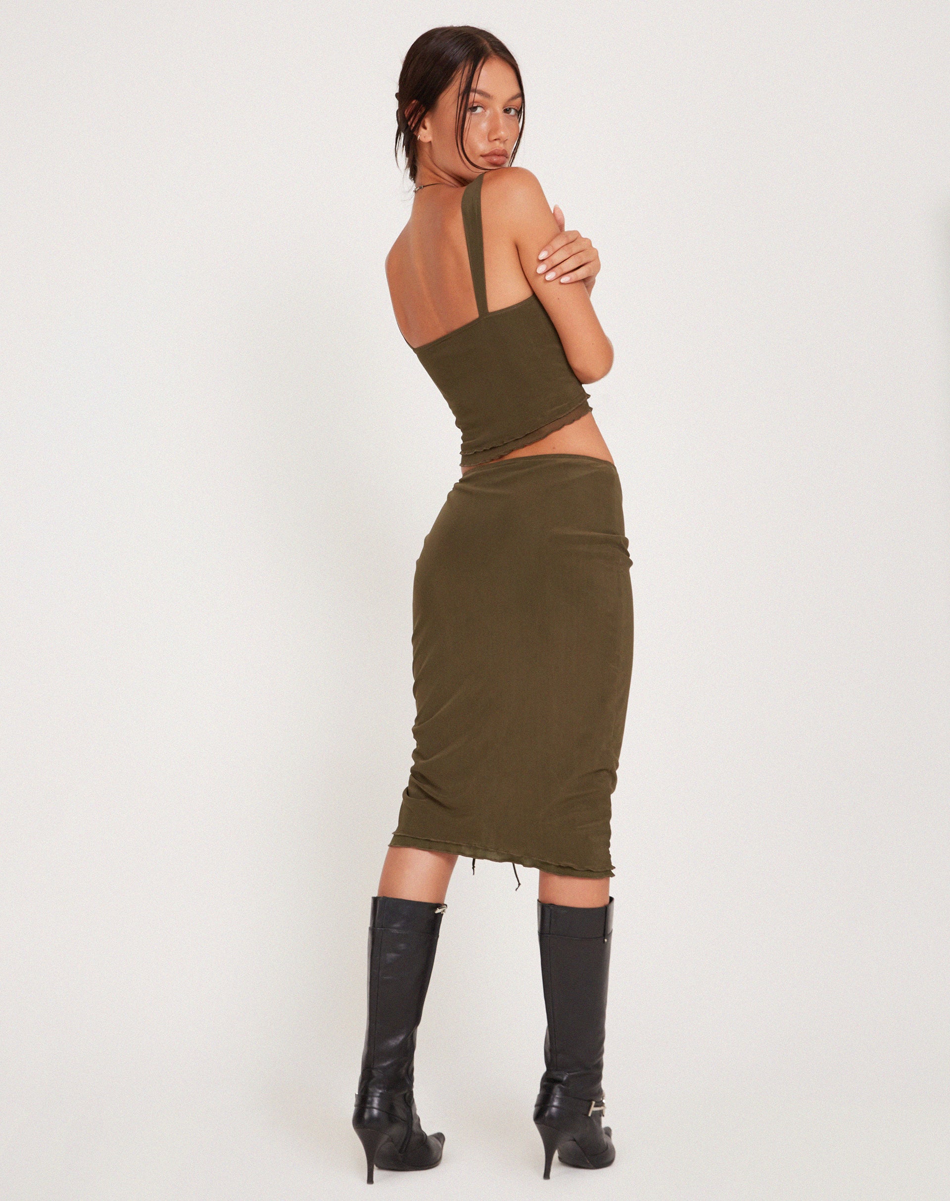 Tya Midi Skirt in Mesh Dark Olive-Nico Sky