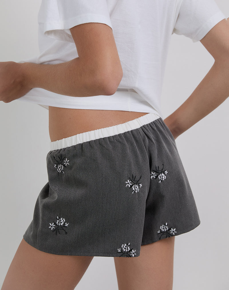Rata Shorts in Floral Embroidered Charcoal-Nico Sky