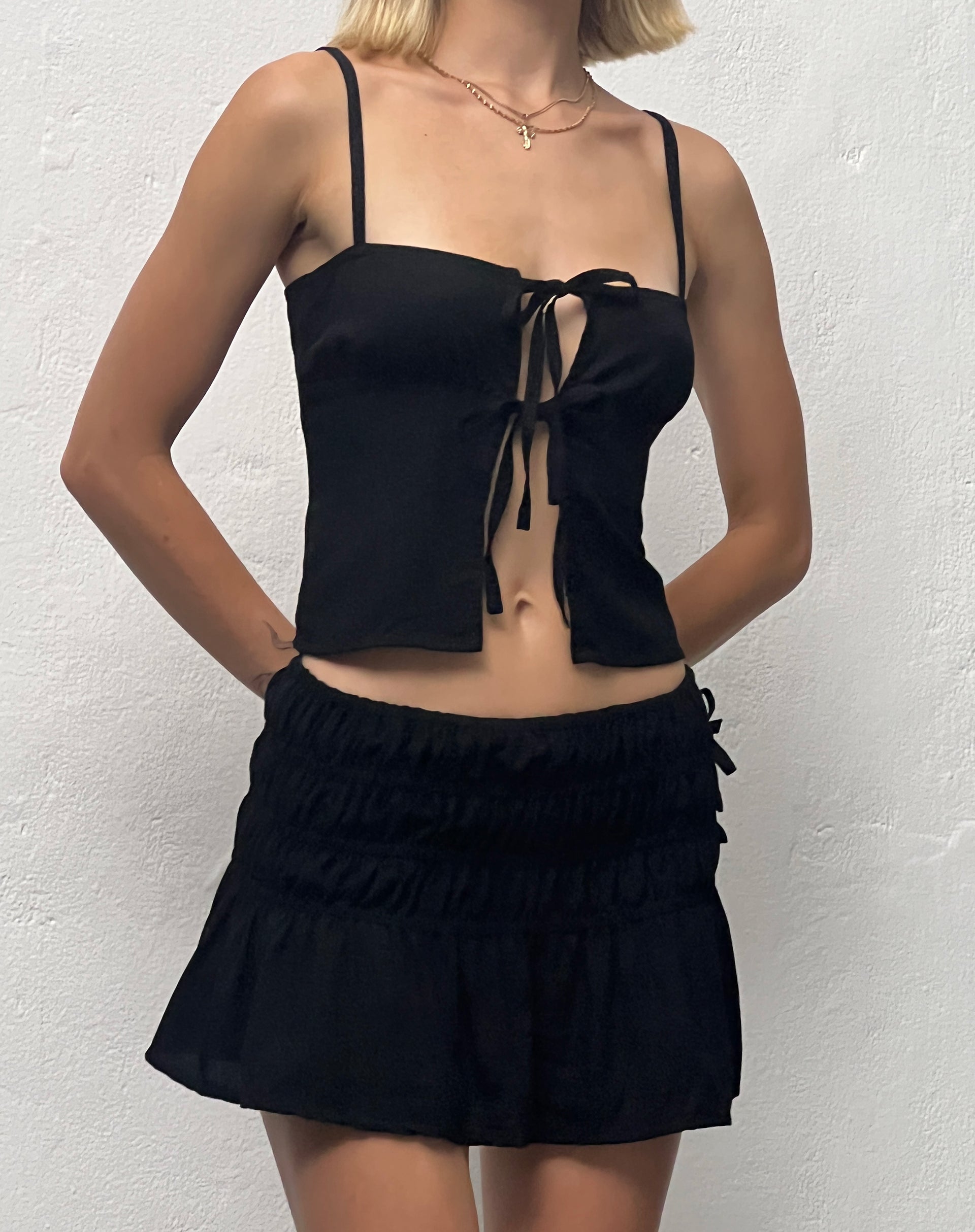 Raymi Tie Front Cami Top in Black-Nico Sky