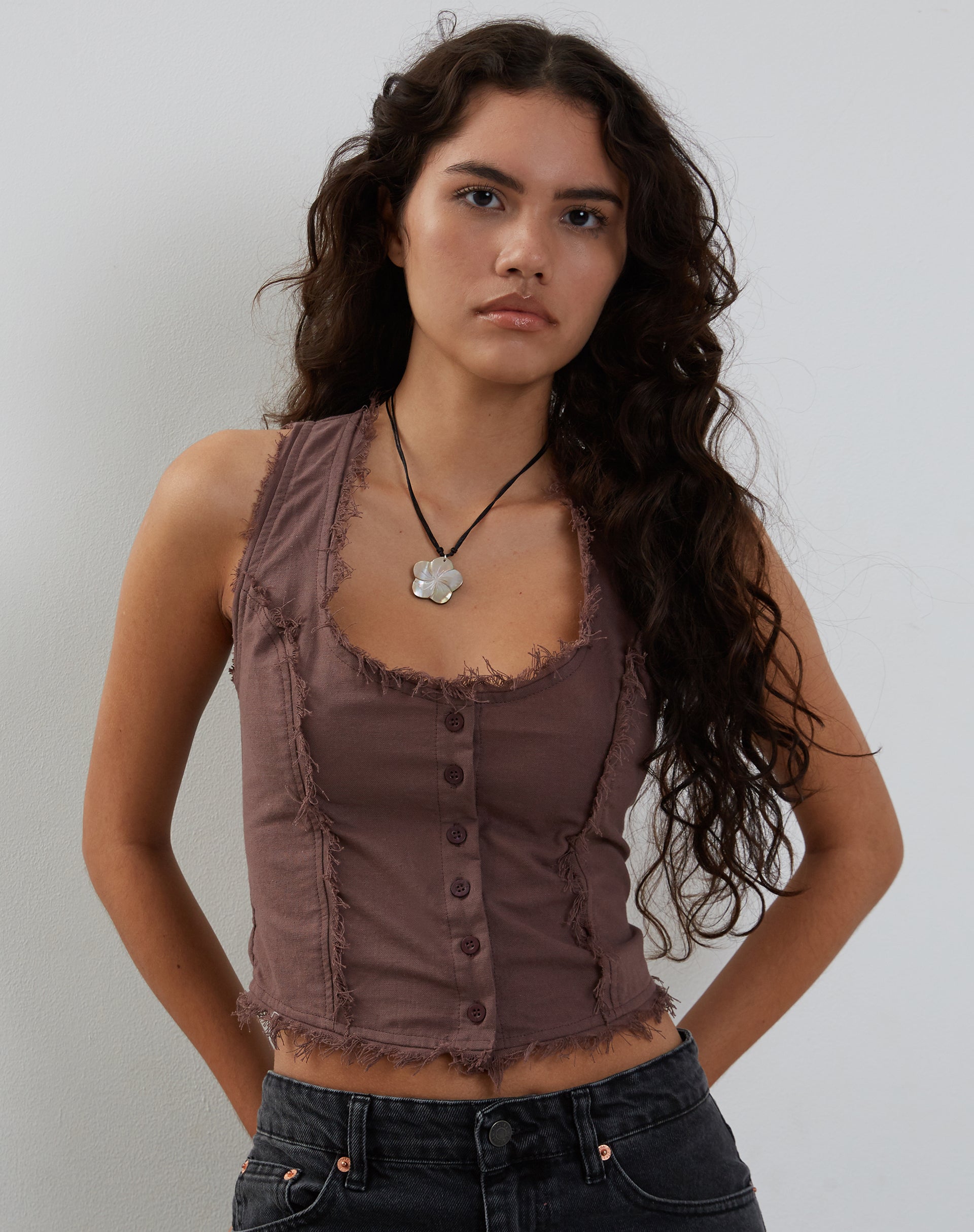 Ayara Button Up Cami Top in Deep Taupe-Nico Sky