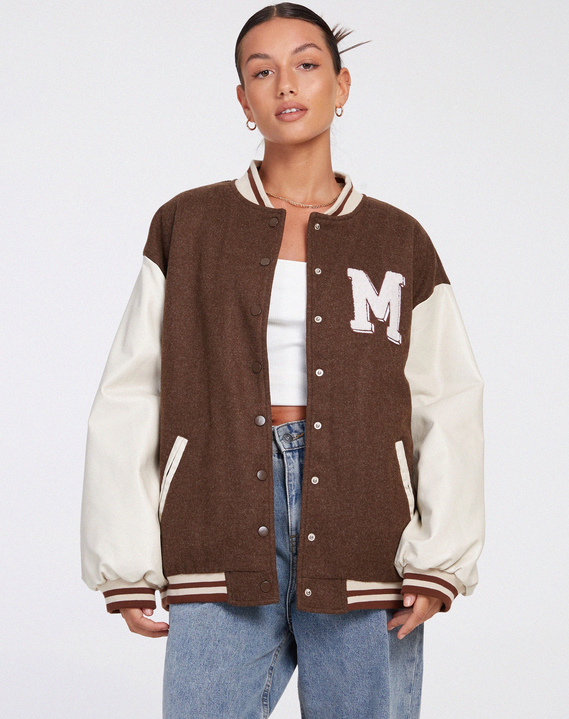 Bama Varsity Jacket in Brown Beige-Nico Sky