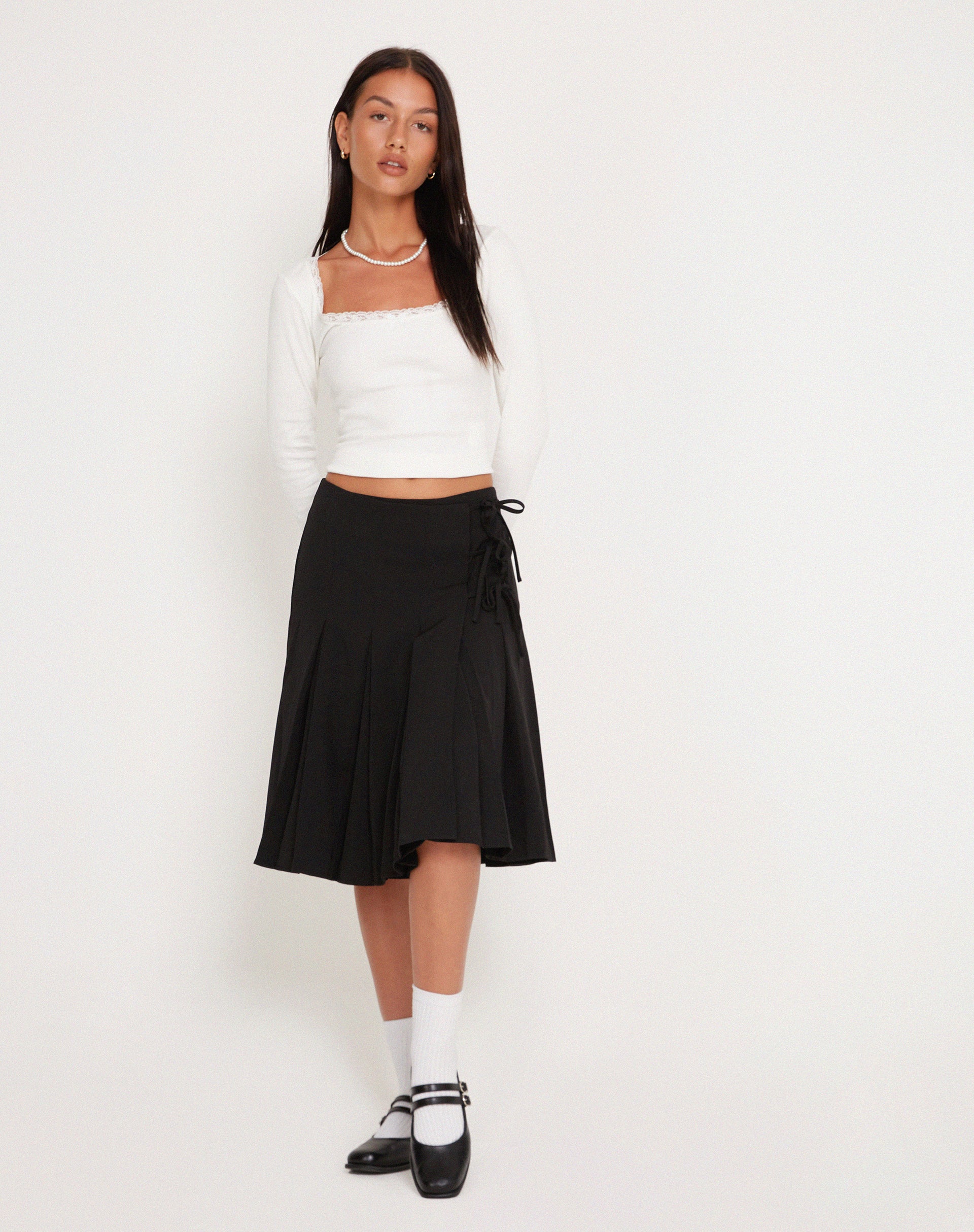Madelyn Pleated Midi Skirt in Black-Nico Sky