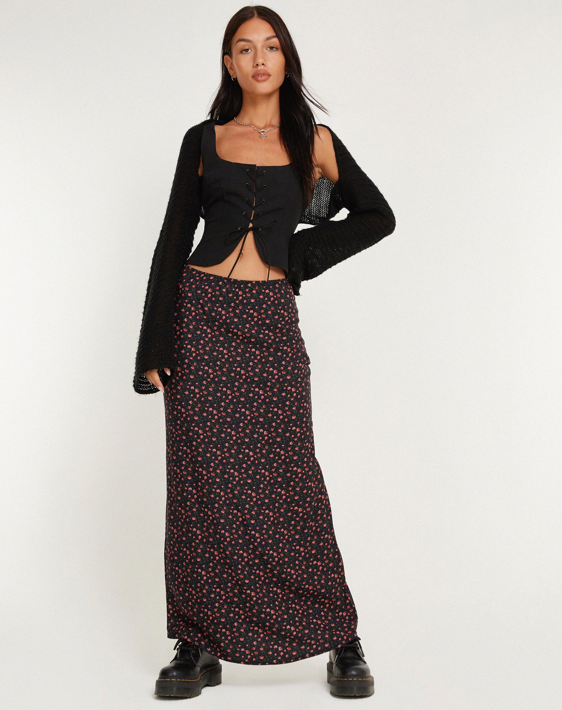 Easton Maxi Skirt in Dark Pink Rose Black-Nico Sky