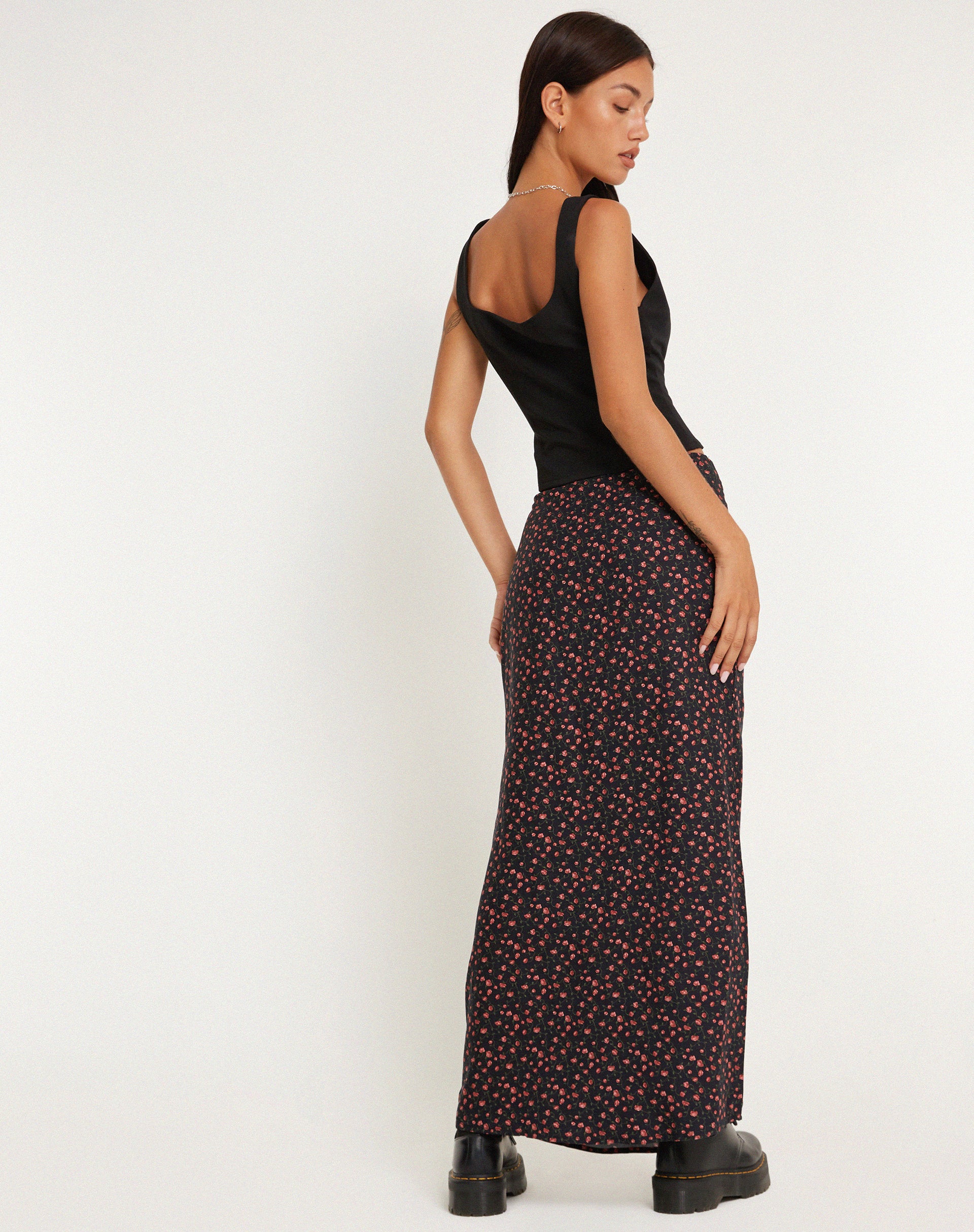 Easton Maxi Skirt in Dark Pink Rose Black-Nico Sky
