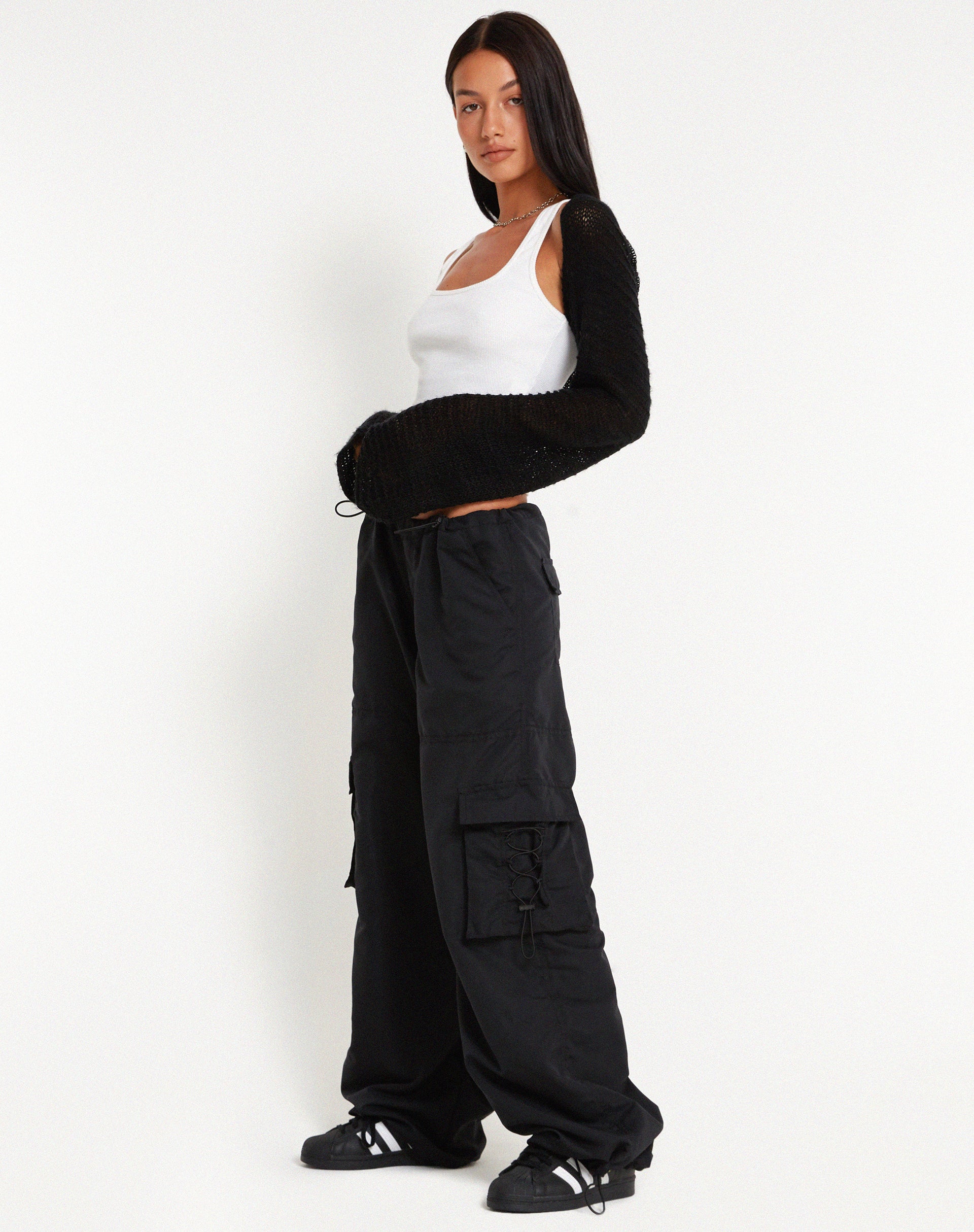 Fabio Wide Leg Cargo Trousers in Black-Nico Sky