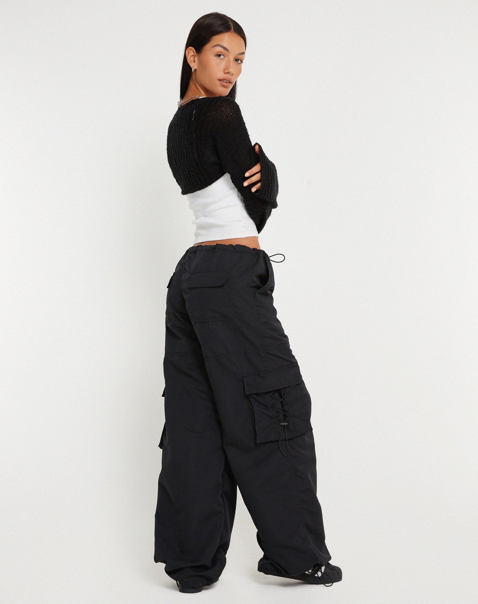 Fabio Wide Leg Cargo Trousers in Black-Nico Sky