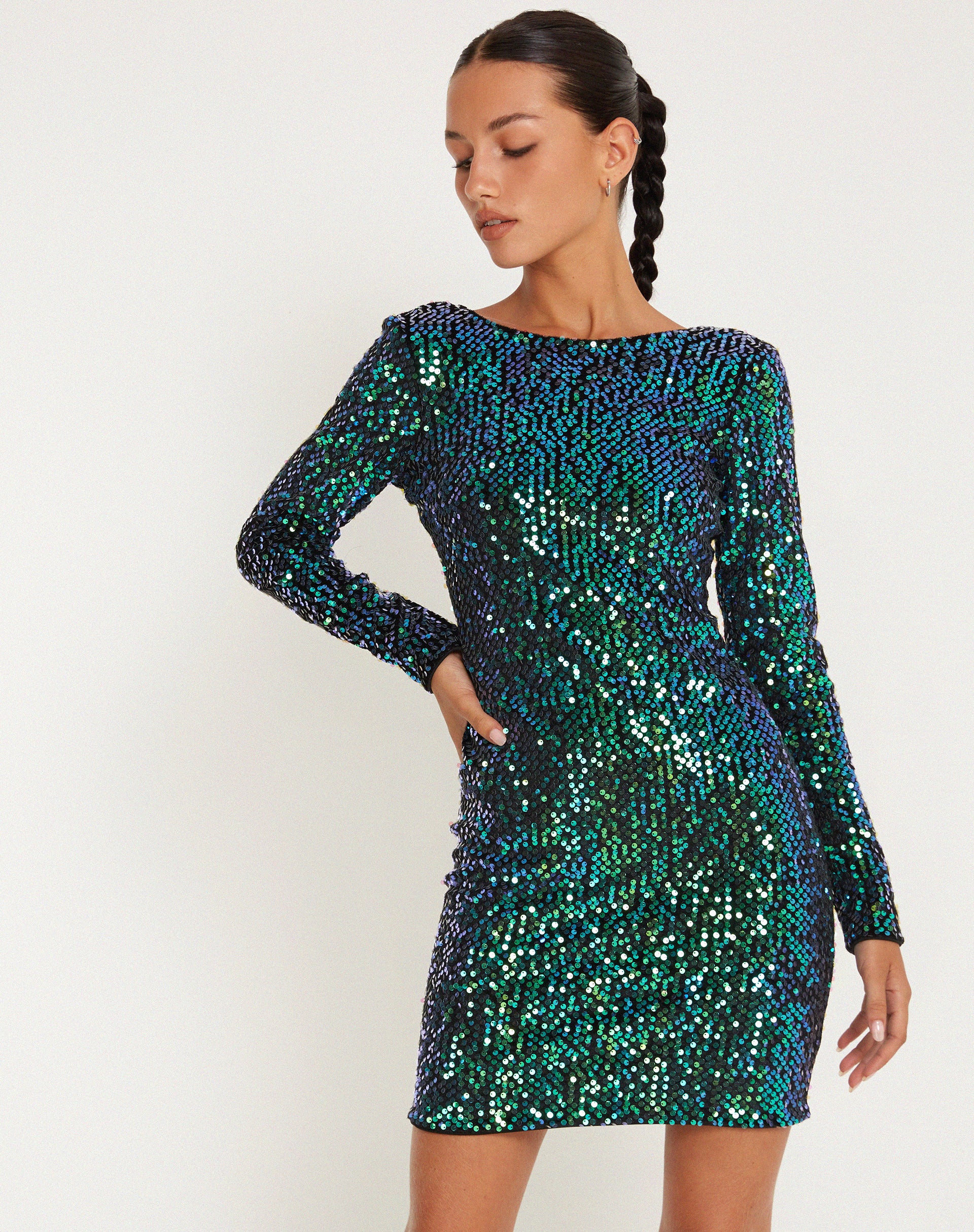 Gabby Mini Dress in Sequin Green Iridescent-Nico Sky