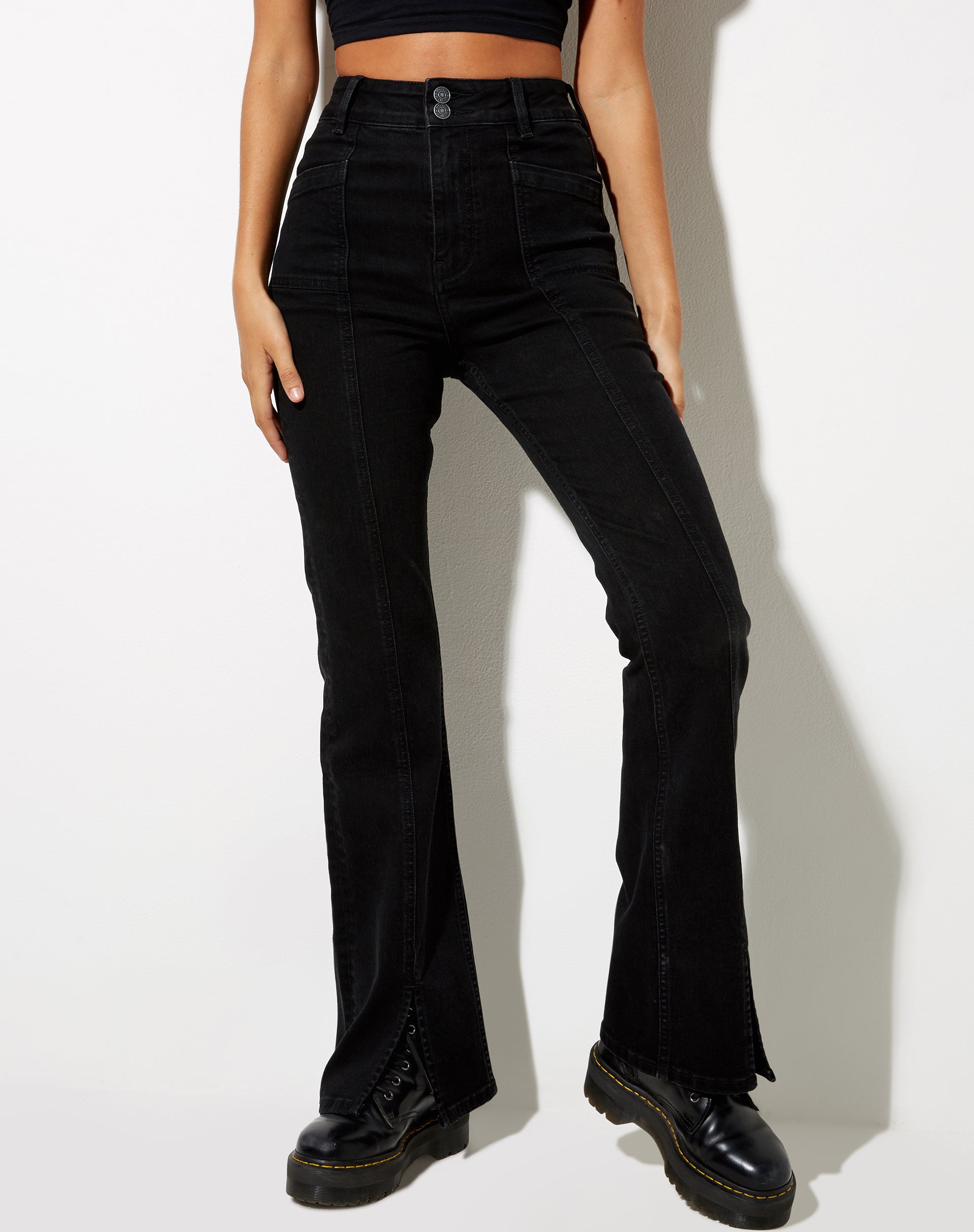 Seam Split Jeans in Black Wash-Nico Sky