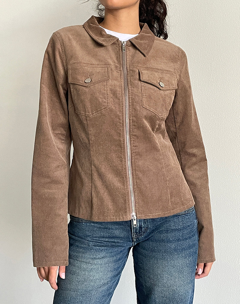 Rohana Fitted Jacket in Baby Cord Walnut Brown-Nico Sky