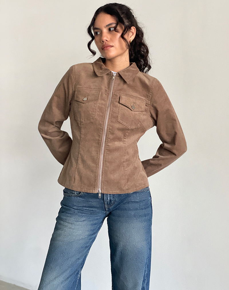 Rohana Fitted Jacket in Baby Cord Walnut Brown-Nico Sky