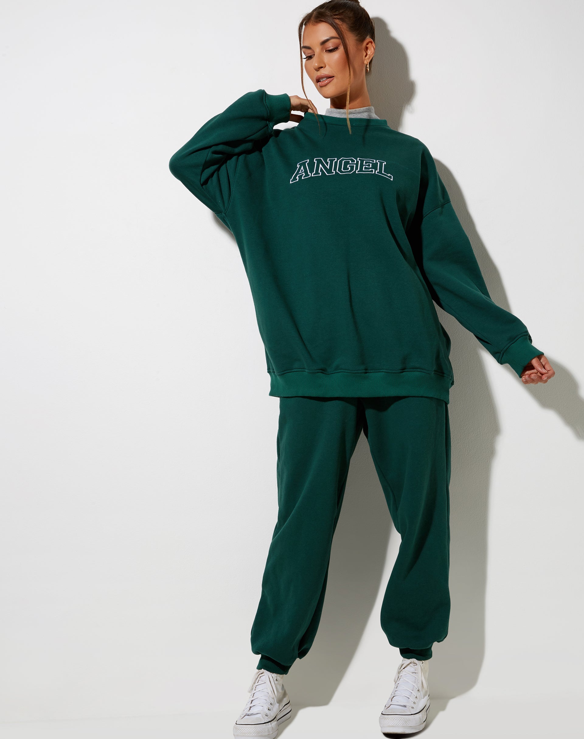 Glo Sweatshirt in Bottle Green with 'Angel' Embro in White-Nico Sky