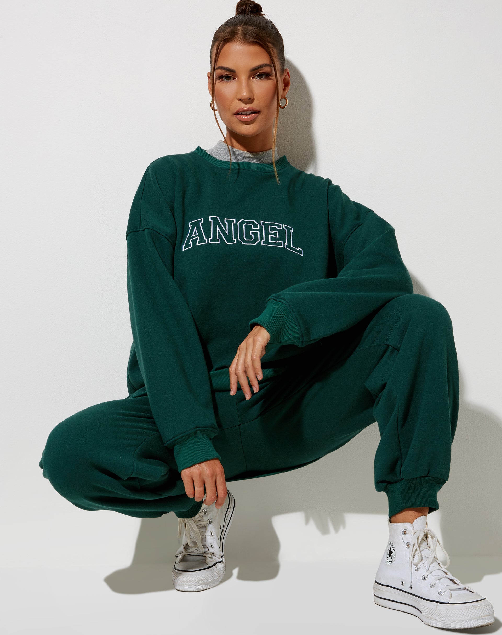 Glo Sweatshirt in Bottle Green with 'Angel' Embro in White-Nico Sky