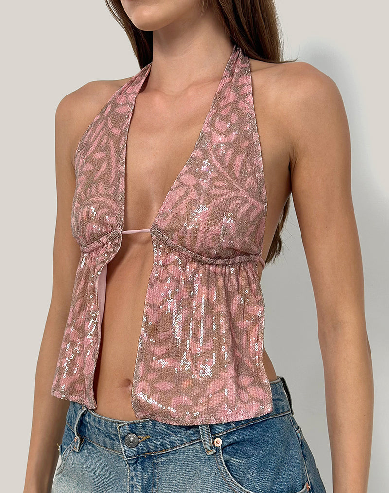 Rokudo Halterneck Top in Boho Batik Sequin Pink-Nico Sky