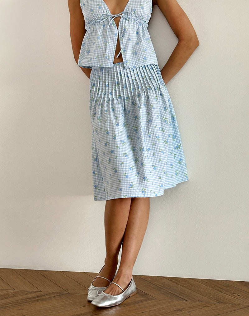 Asada Midi Skirt in Blue Flower Gingham-Nico Sky