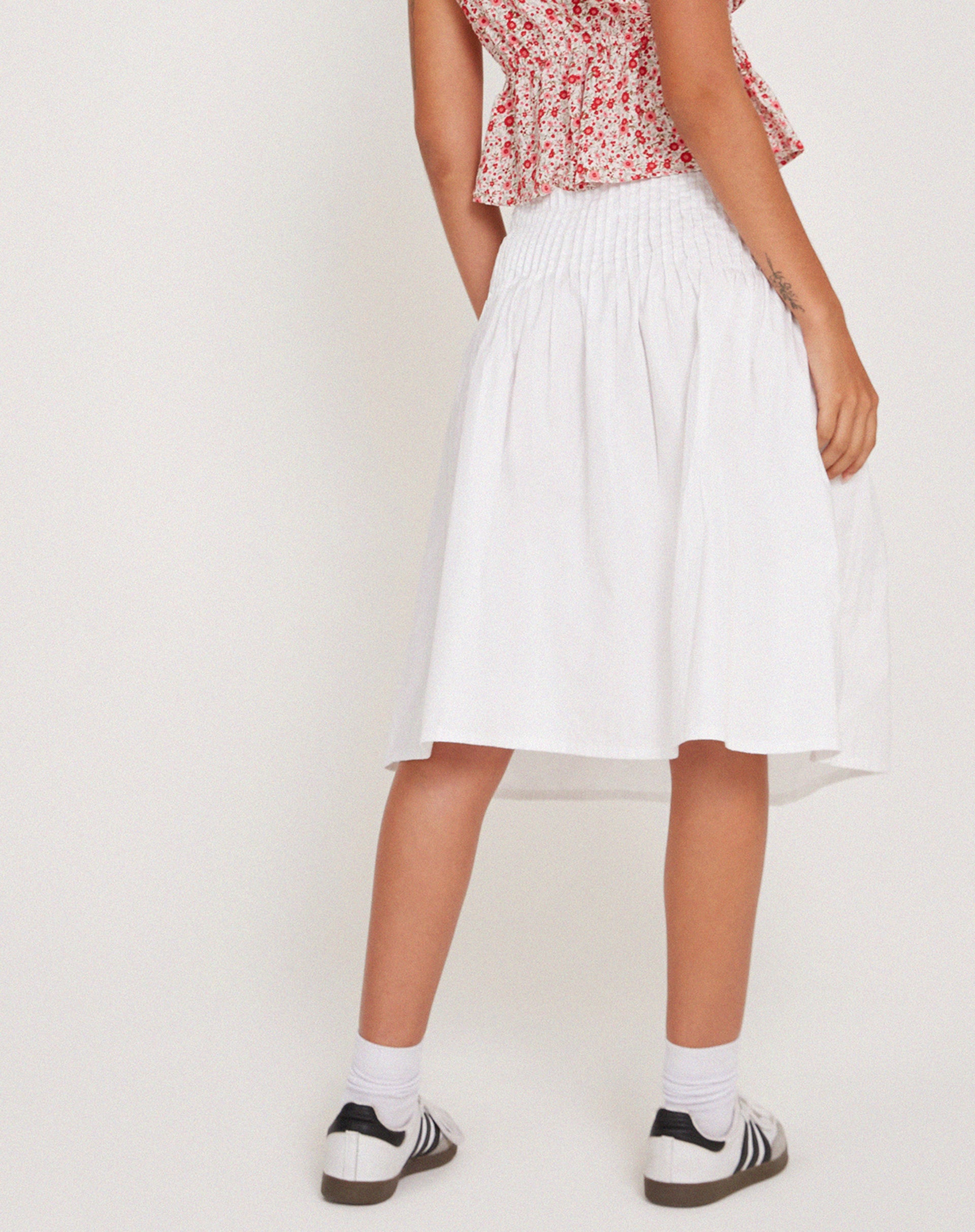 Asada Pleated Waist Midi Skirt in Poplin White-Nico Sky