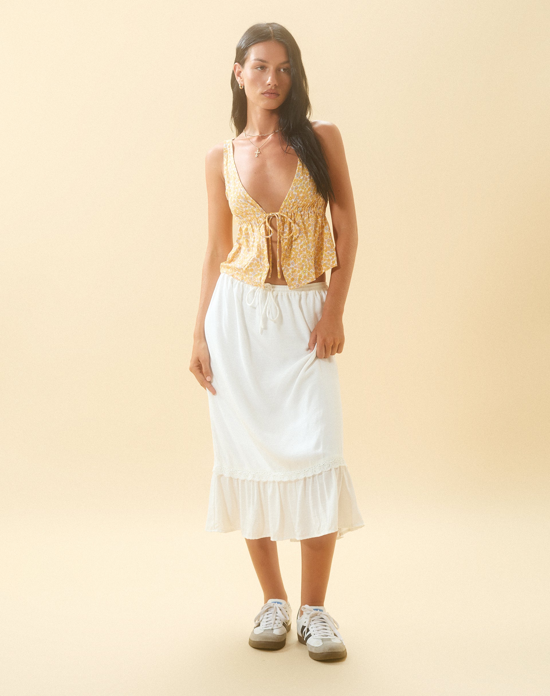 Kokies Frill Hem Midi Skirt in White-Nico Sky