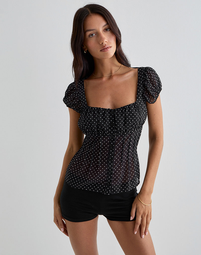 Rolina Blouse in Chiffon Mini Polka Black-Nico Sky