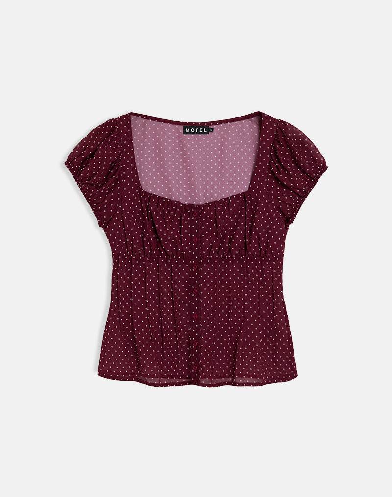 Rolina Blouse in Chiffon Mini Polka Burgundy-Nico Sky