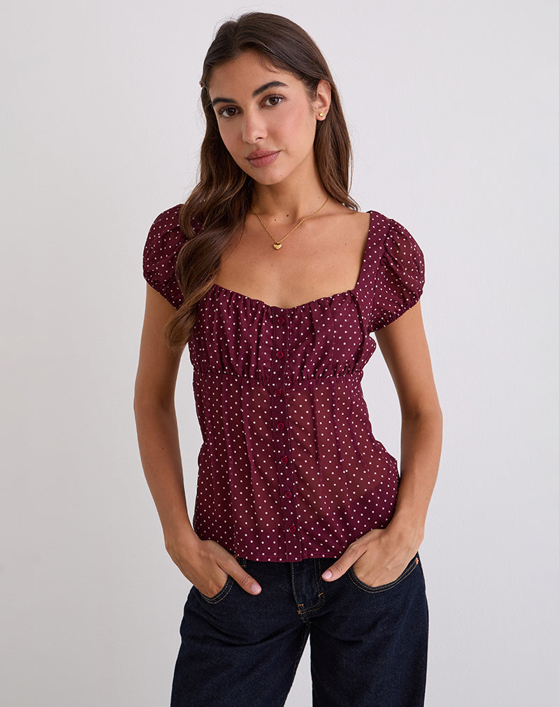 Rolina Blouse in Chiffon Mini Polka Burgundy-Nico Sky
