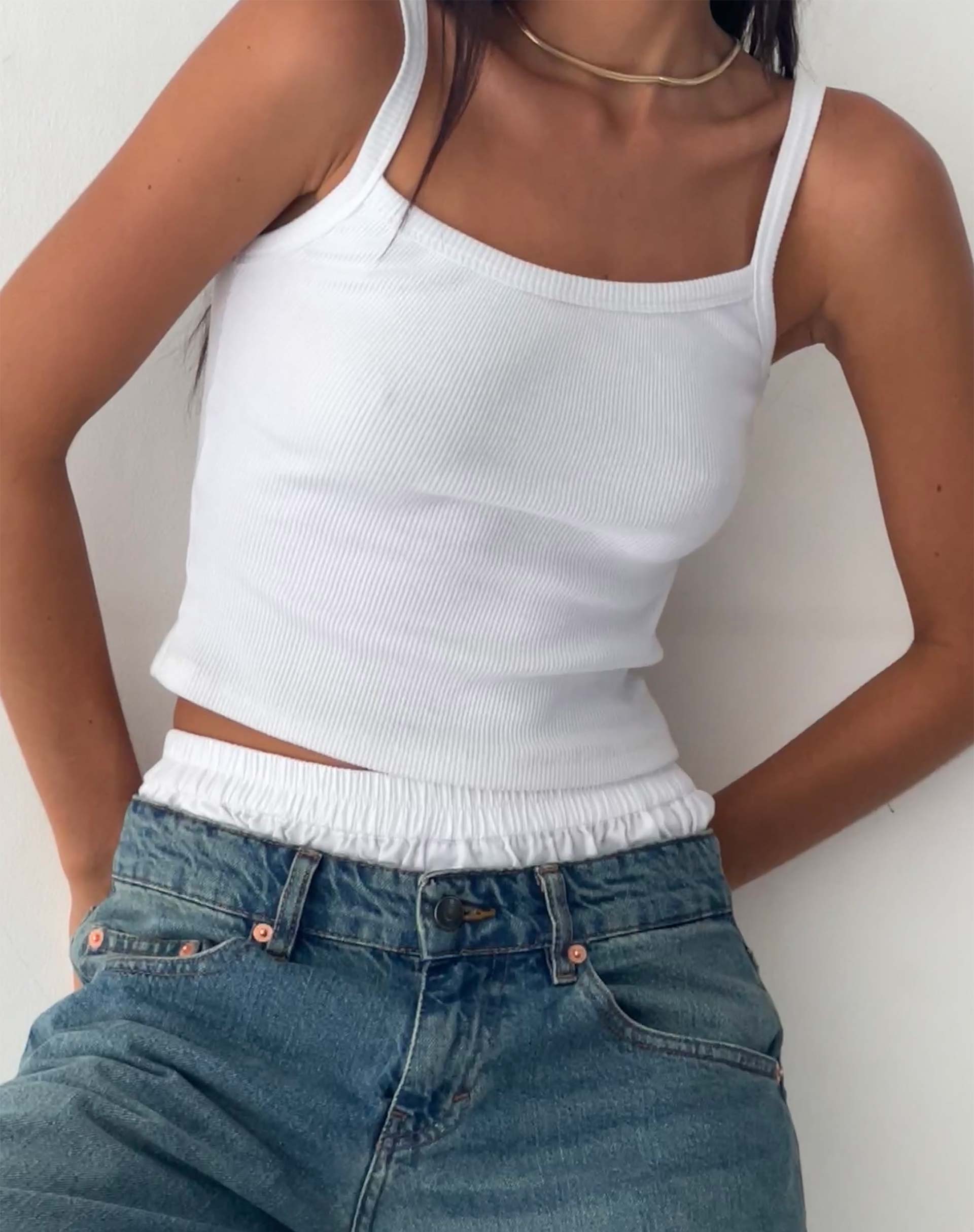 Aus Ribbed Vest Top in White-Nico Sky