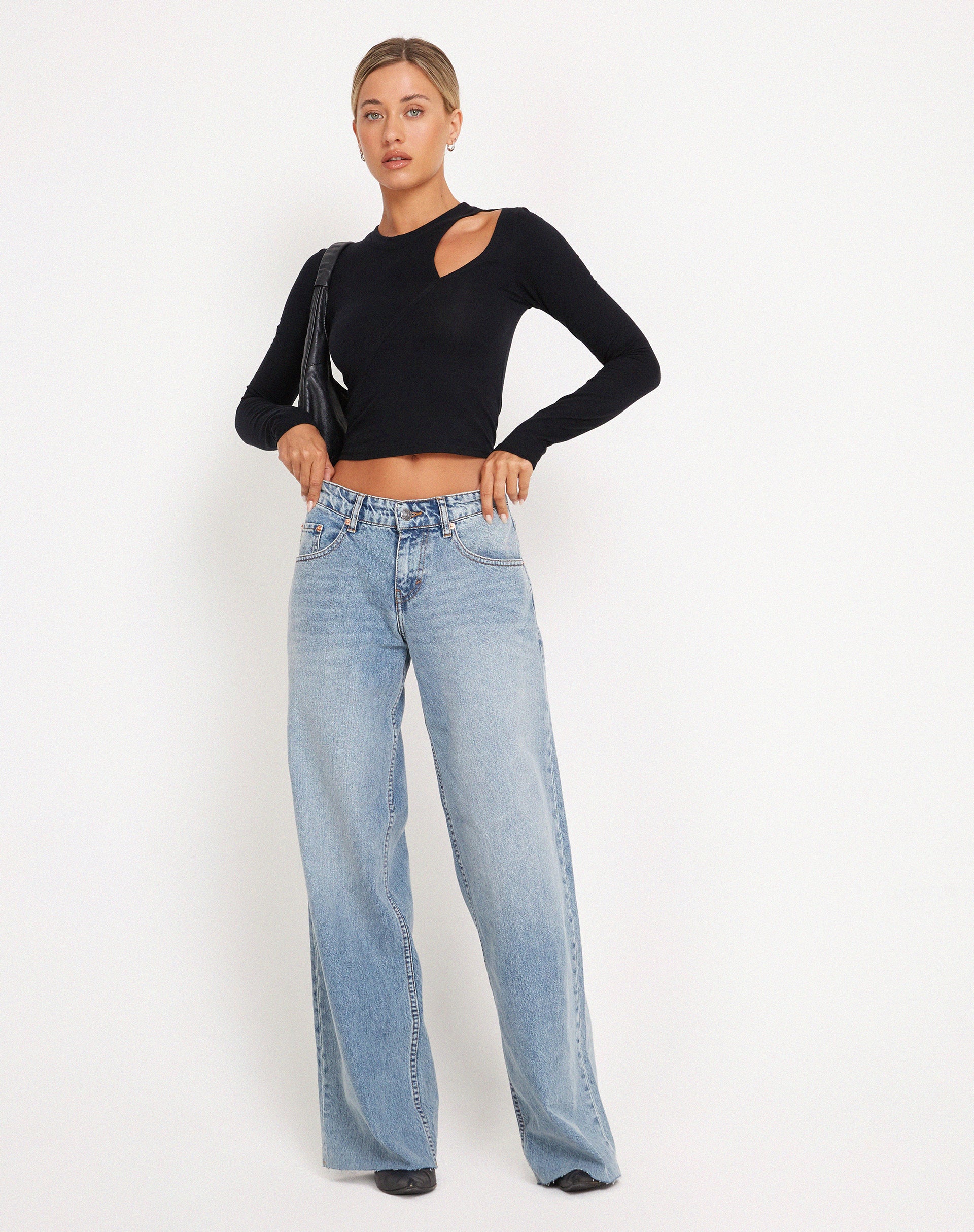 Roomy Extra Wide Raw Hem Low Rise Jeans in Vintage Blue Wash-Nico Sky