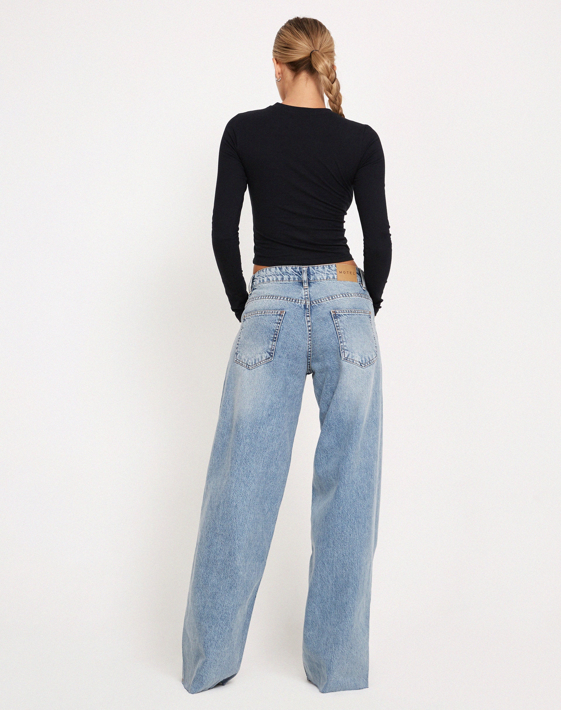 Roomy Extra Wide Raw Hem Low Rise Jeans in Vintage Blue Wash-Nico Sky