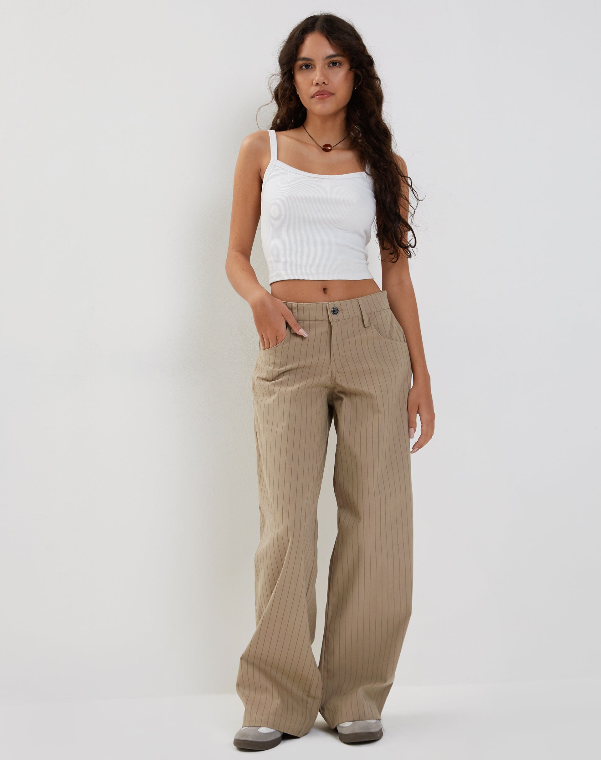 Roomy Low Rise Extra Wide Trousers in Pinstripe Stone-Nico Sky