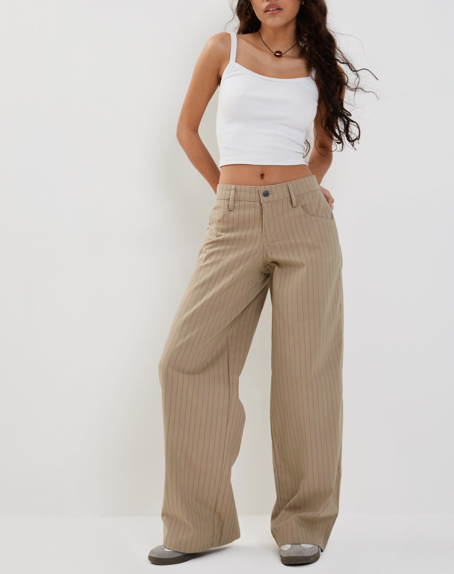 Roomy Low Rise Extra Wide Trousers in Pinstripe Stone-Nico Sky