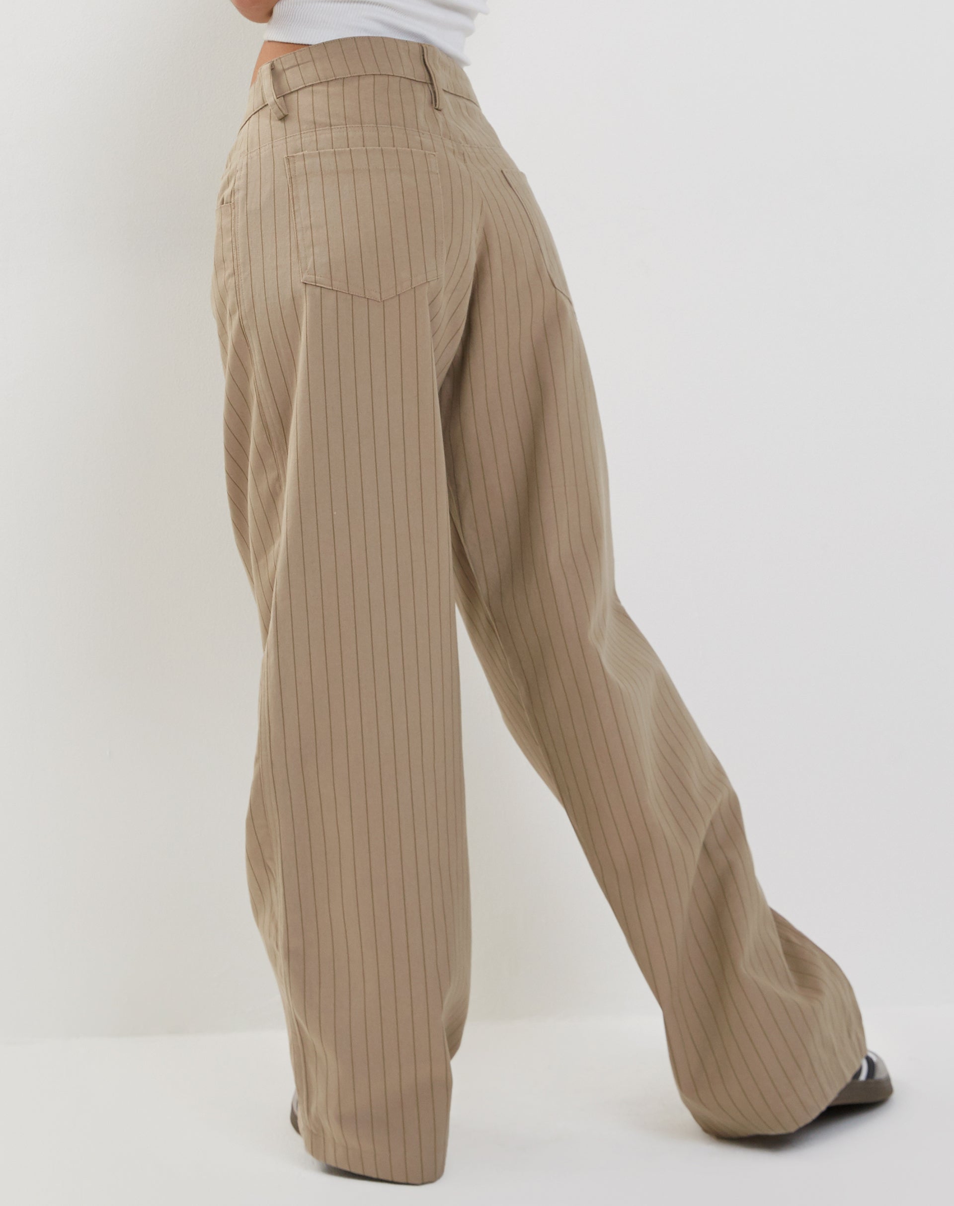 Roomy Low Rise Extra Wide Trousers in Pinstripe Stone-Nico Sky