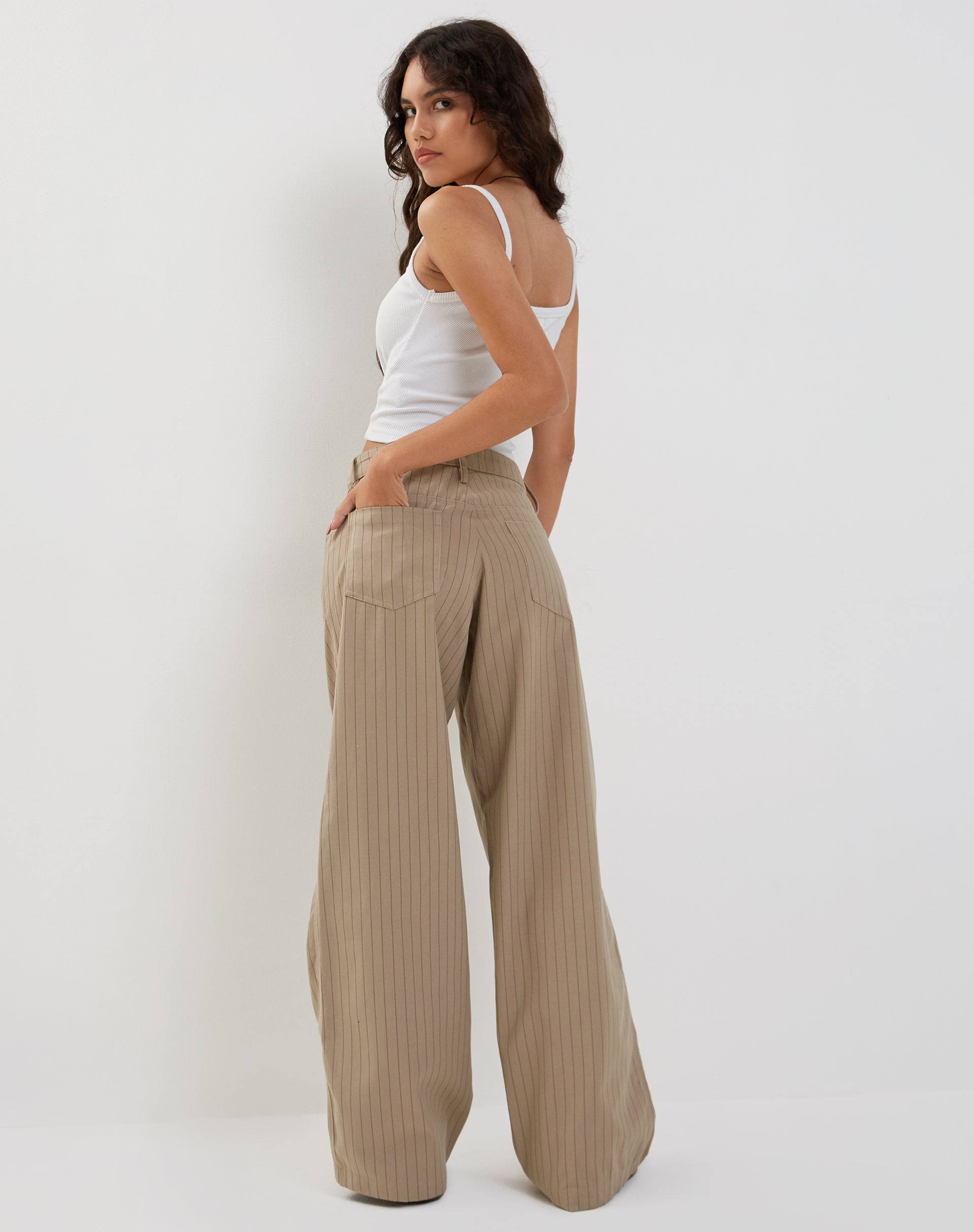 Roomy Low Rise Extra Wide Trousers in Pinstripe Stone-Nico Sky