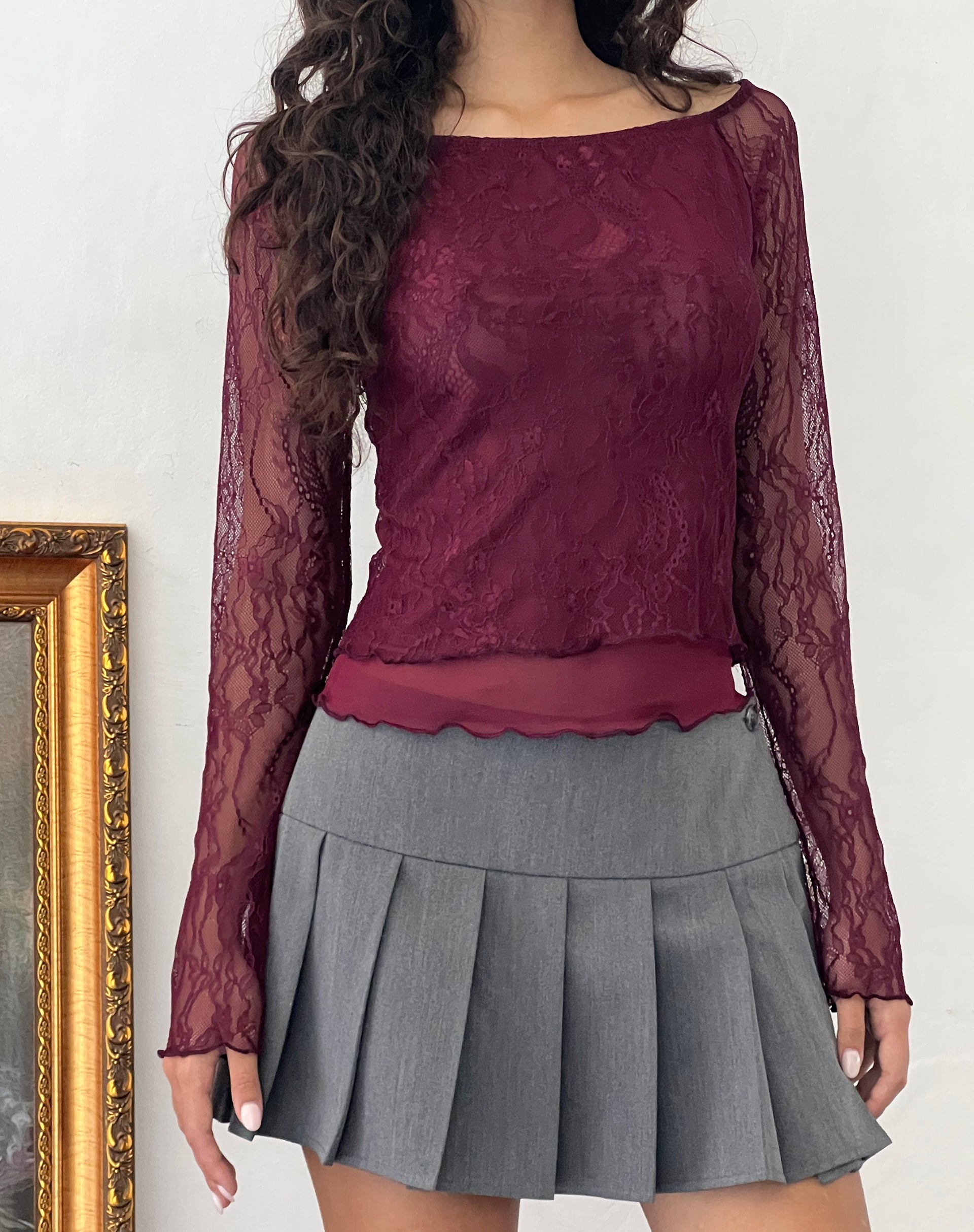 Rory Long Sleeve Top in Lace Burgundy-Nico Sky