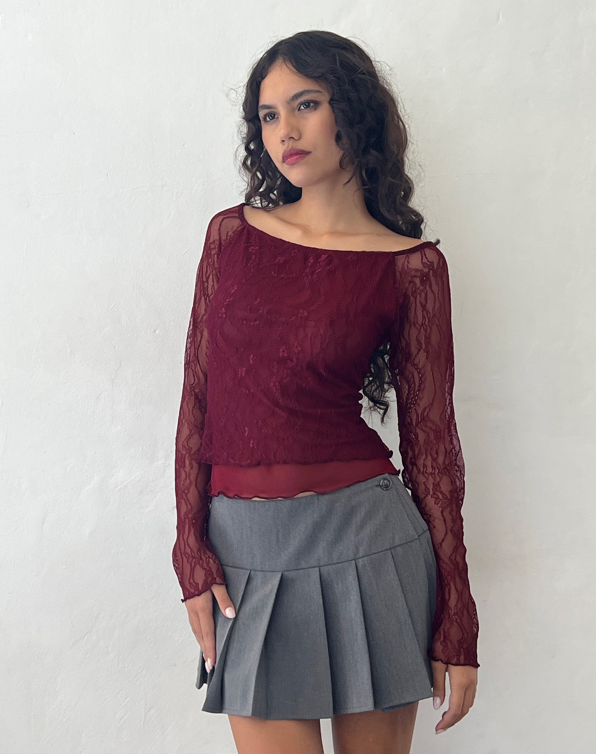Rory Long Sleeve Top in Lace Burgundy-Nico Sky