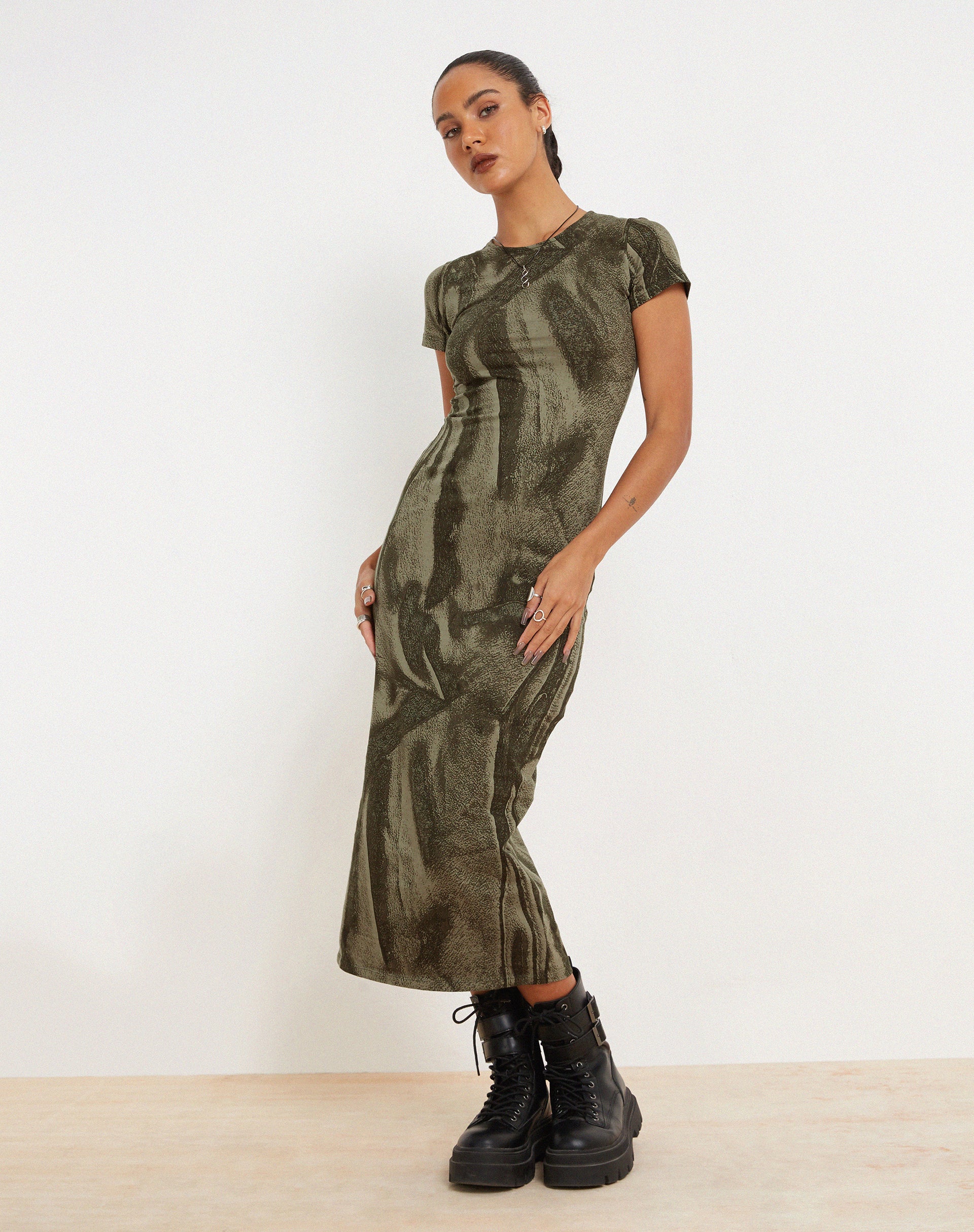 Rosika Midi Dress in Dystopian Crease Khaki-Nico Sky