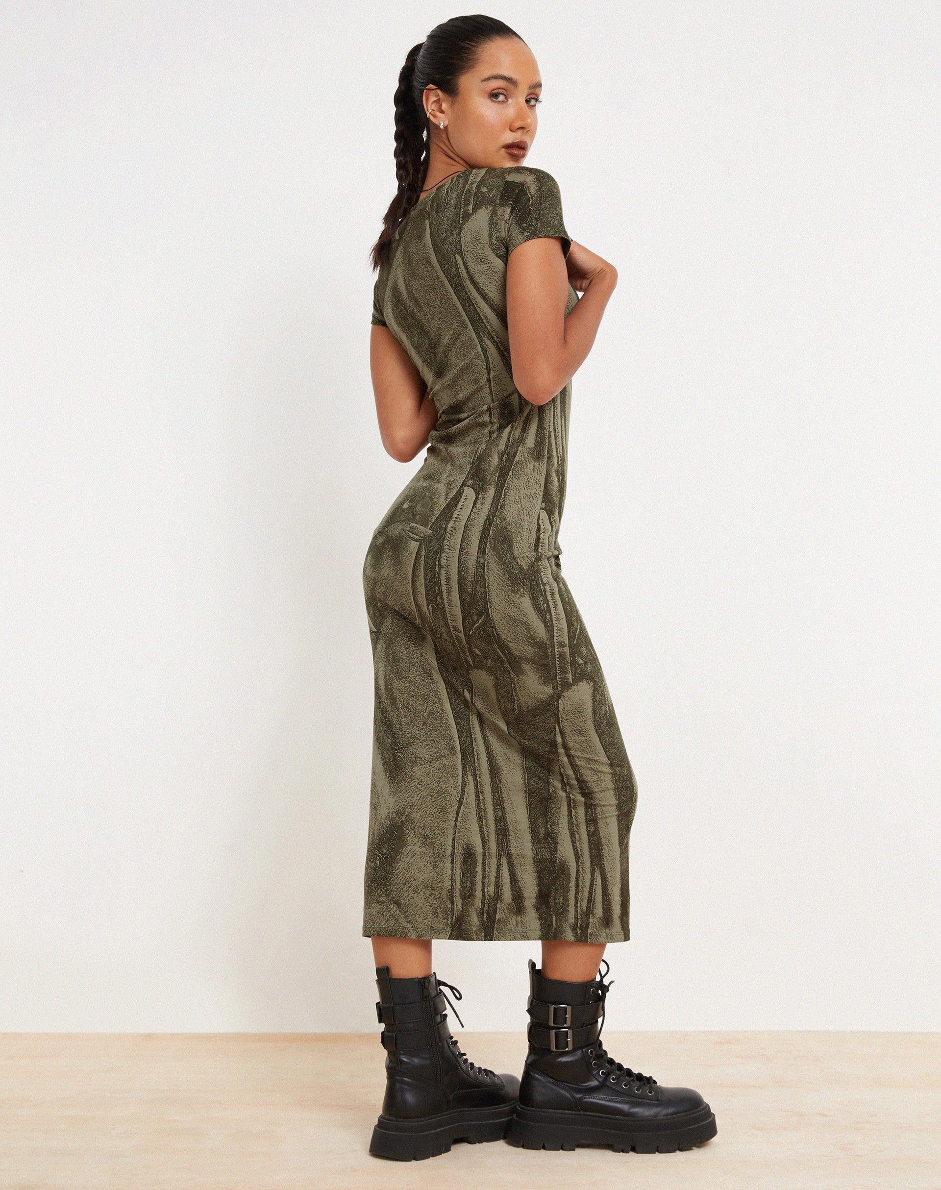 Rosika Midi Dress in Dystopian Crease Khaki-Nico Sky