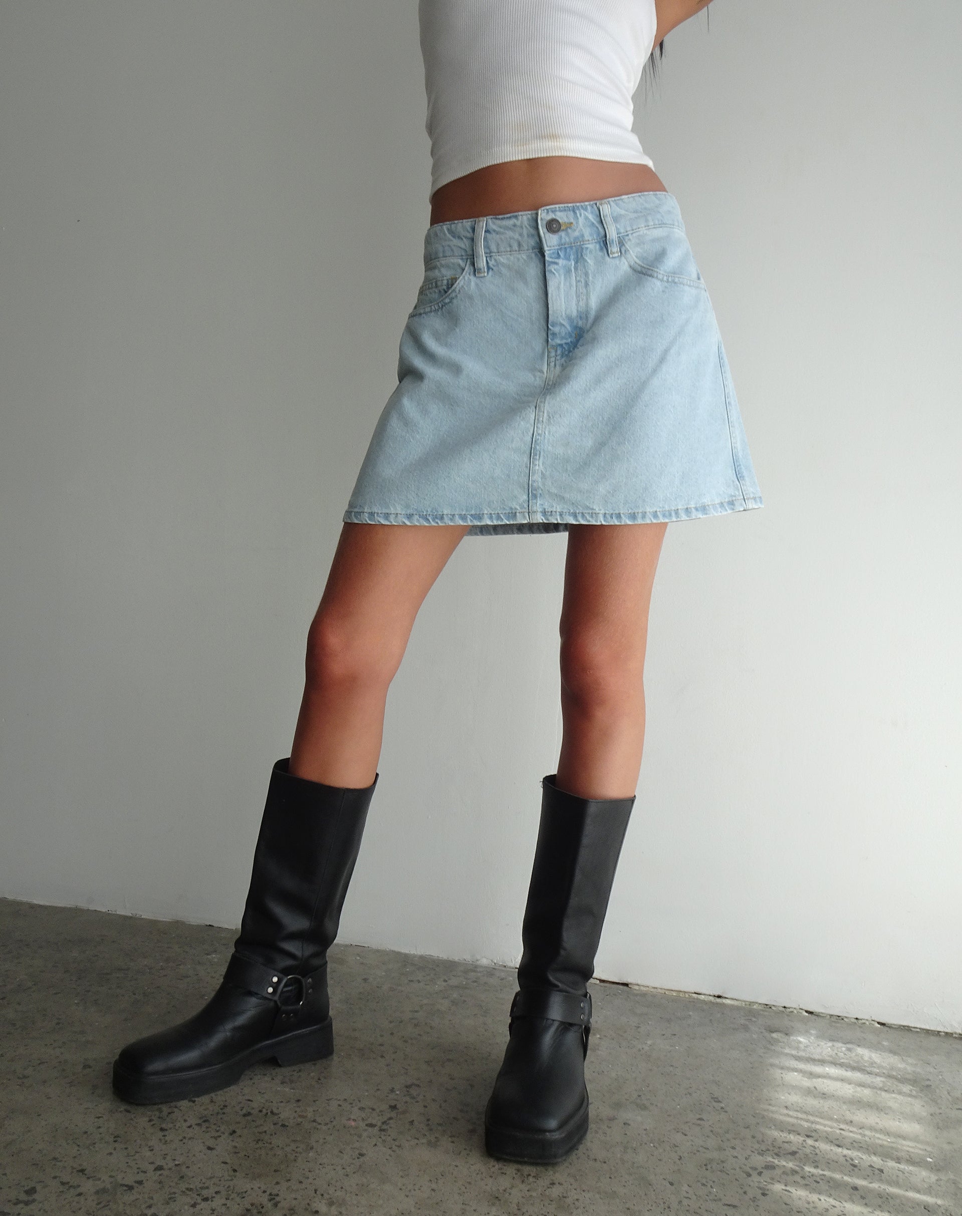 Mini A-Line Skirt in Denim Blue Bleach-Nico Sky